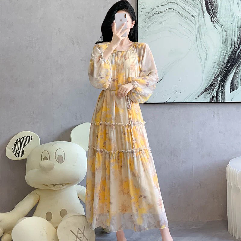 Watercolor Print Chiffon Maxi Dress | Long Sleeve Tiered Dress(MS270) - Image 11