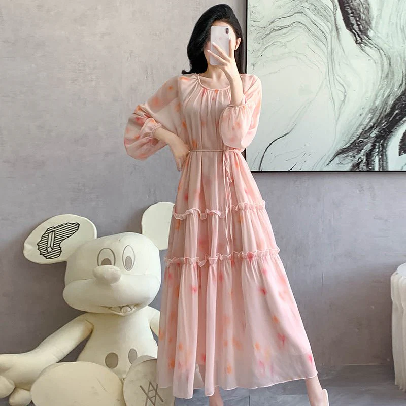 Watercolor Print Chiffon Maxi Dress | Long Sleeve Tiered Dress(MS270) - Image 2