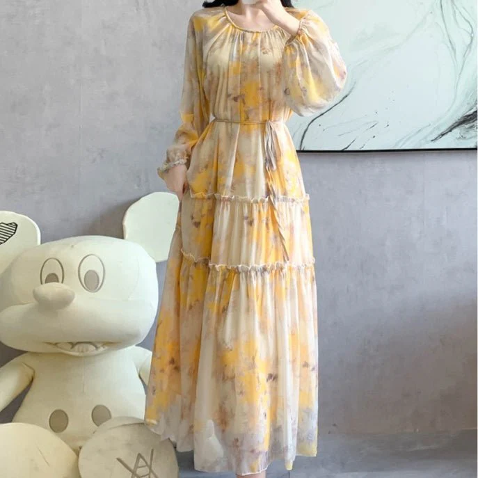 Watercolor Print Chiffon Maxi Dress | Long Sleeve Tiered Dress(MS270) - Image 3