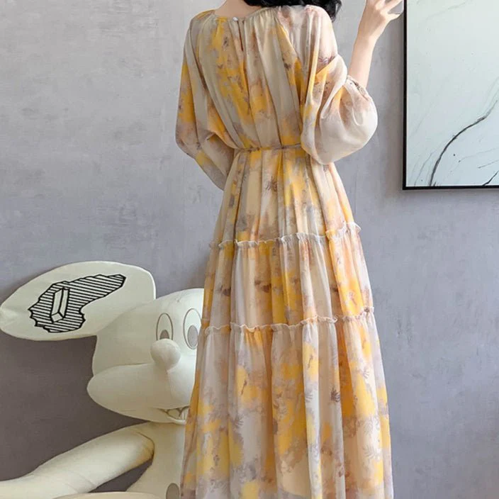 Watercolor Print Chiffon Maxi Dress | Long Sleeve Tiered Dress(MS270) - Image 4