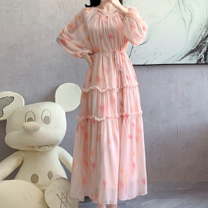 Watercolor Print Chiffon Maxi Dress | Long Sleeve Tiered Dress(MS270) - Image 5