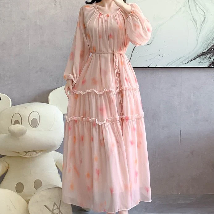 Watercolor Print Chiffon Maxi Dress | Long Sleeve Tiered Dress(MS270) - Image 6