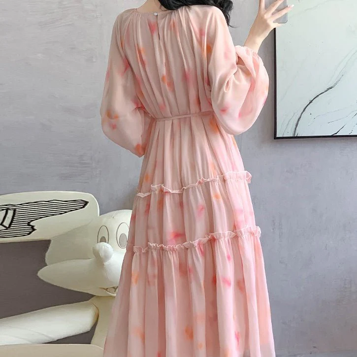 Watercolor Print Chiffon Maxi Dress | Long Sleeve Tiered Dress(MS270) - Image 7