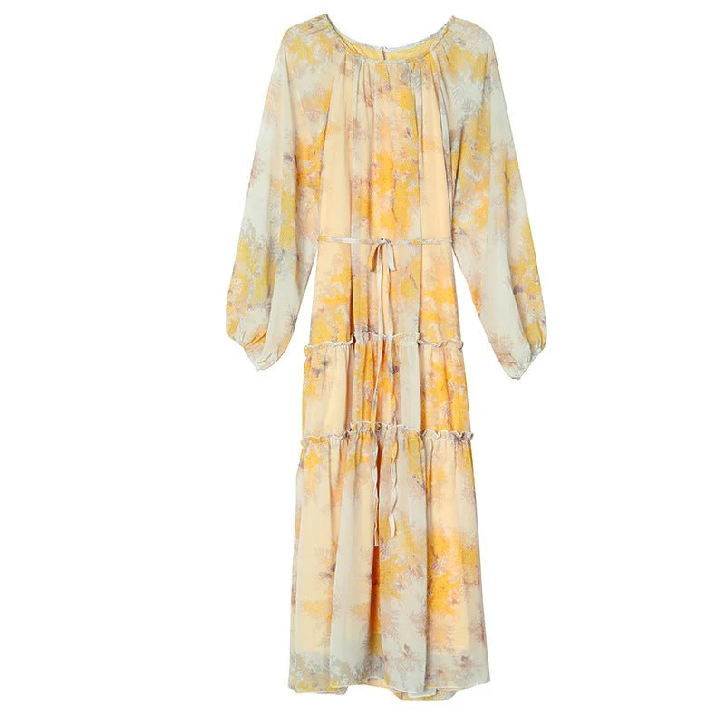 Watercolor Print Chiffon Maxi Dress | Long Sleeve Tiered Dress(MS270) - Image 8