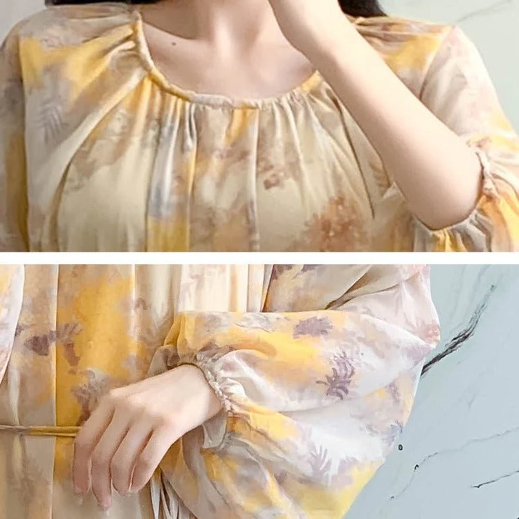 Watercolor Print Chiffon Maxi Dress | Long Sleeve Tiered Dress(MS270) - Image 9