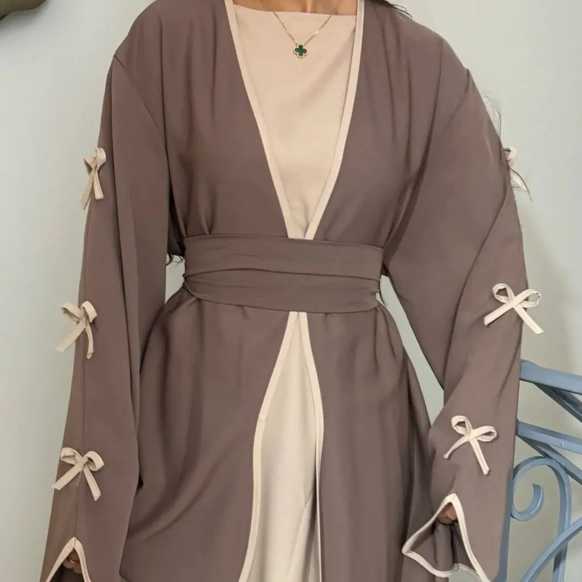 Wavy Edge Bow Embellished Open Abaya (MOA133) - Image 6