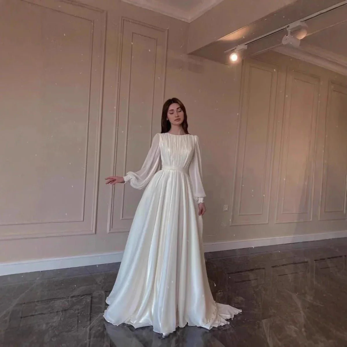 White Chiffon Princess Dress Abaya with Lantern Sleeves | Elegant Spring Fairy Swing French Court-Style Abaya (MA180) - Image 3