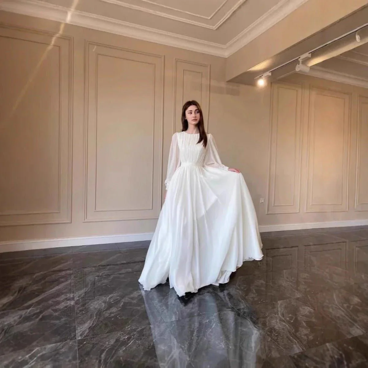 White Chiffon Princess Dress Abaya with Lantern Sleeves | Elegant Spring Fairy Swing French Court-Style Abaya (MA180) - Image 4