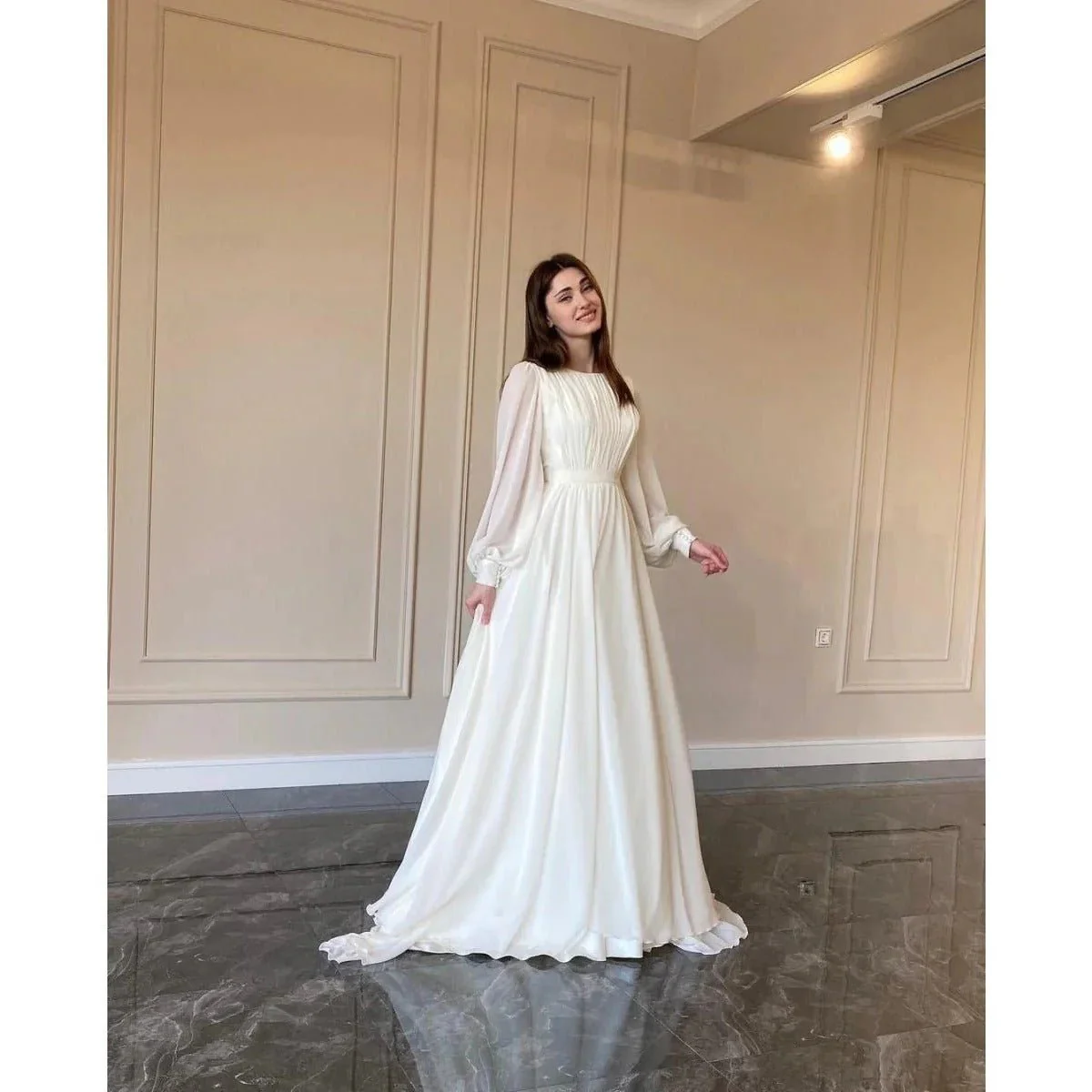White Chiffon Princess Dress Abaya with Lantern Sleeves | Elegant Spring Fairy Swing French Court-Style Abaya (MA180) - Image 5