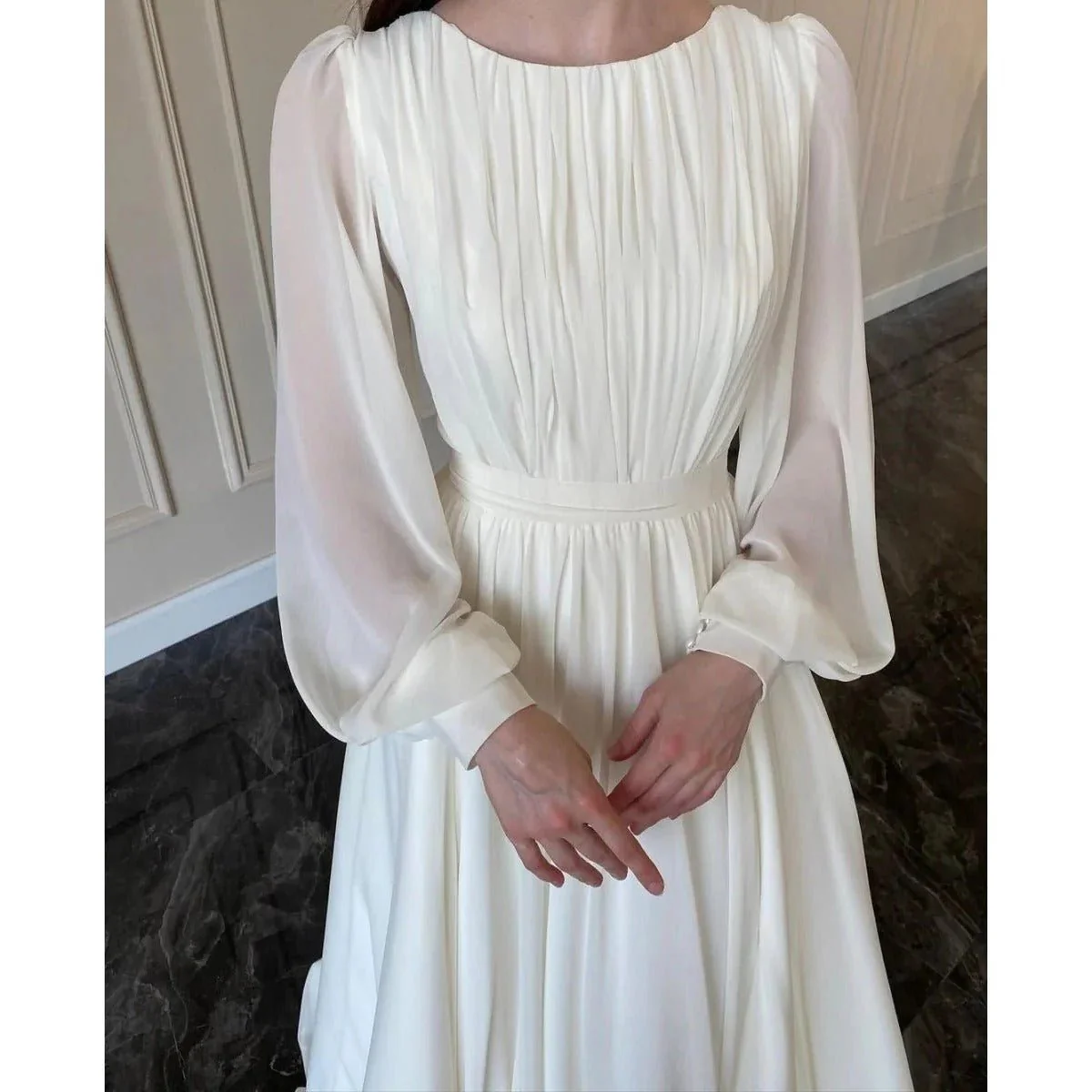 White Chiffon Princess Dress Abaya with Lantern Sleeves | Elegant Spring Fairy Swing French Court-Style Abaya (MA180) - Image 6