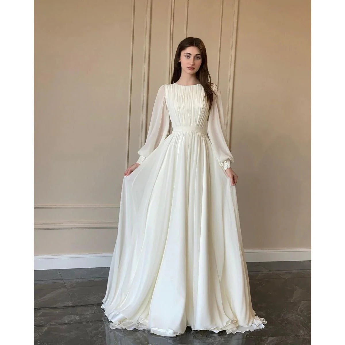 White Chiffon Princess Dress Abaya with Lantern Sleeves | Elegant Spring Fairy Swing French Court-Style Abaya (MA180) - Image 7