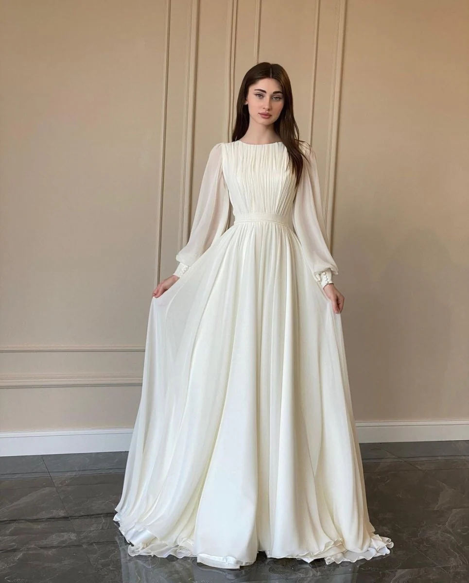 White Chiffon Princess Dress Abaya with Lantern Sleeves | Elegant Spring Fairy Swing French Court-Style Abaya (MA180) - Image 8