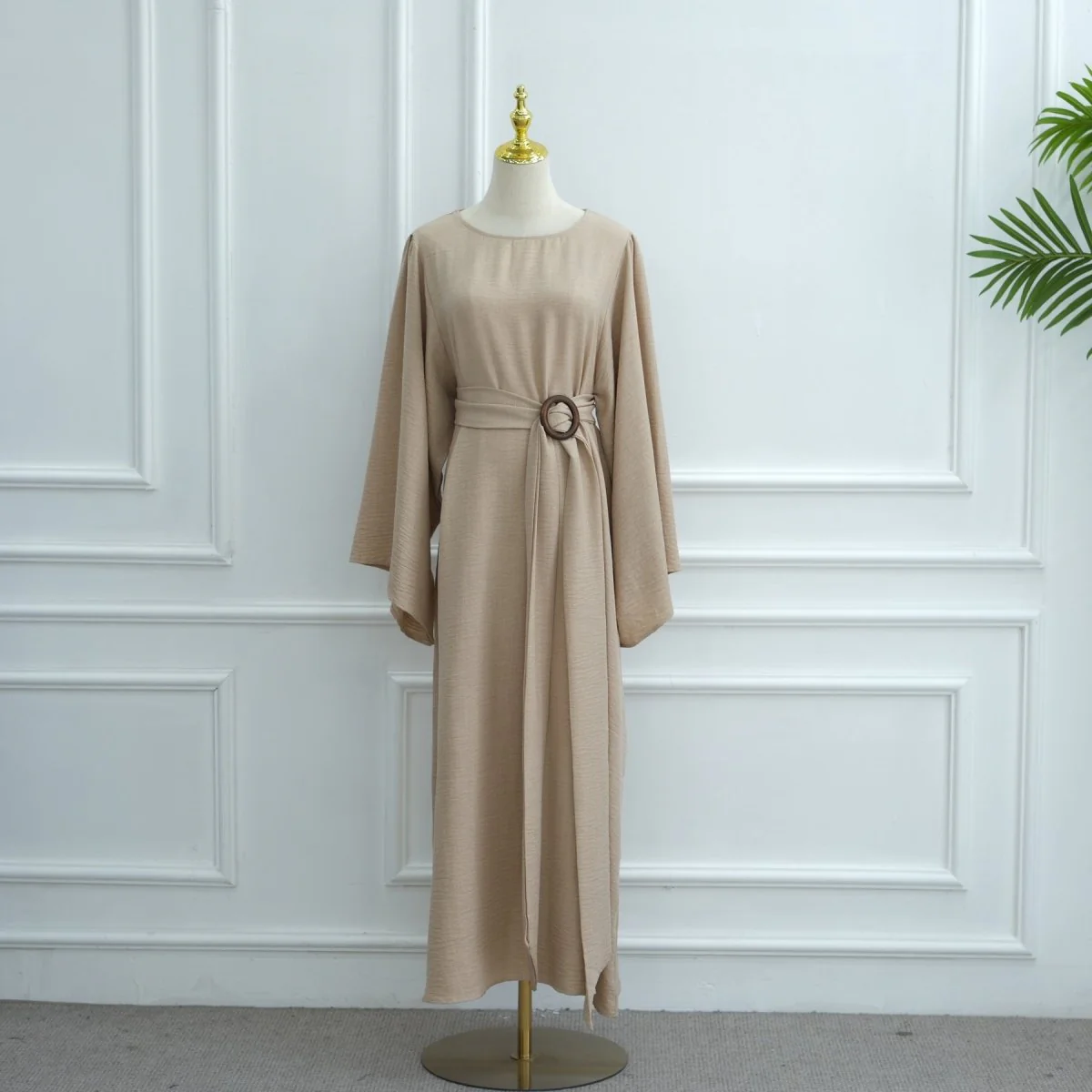 Wide Sleeve Textured Twill Blend Abaya with Belt(MA333) - Image 10