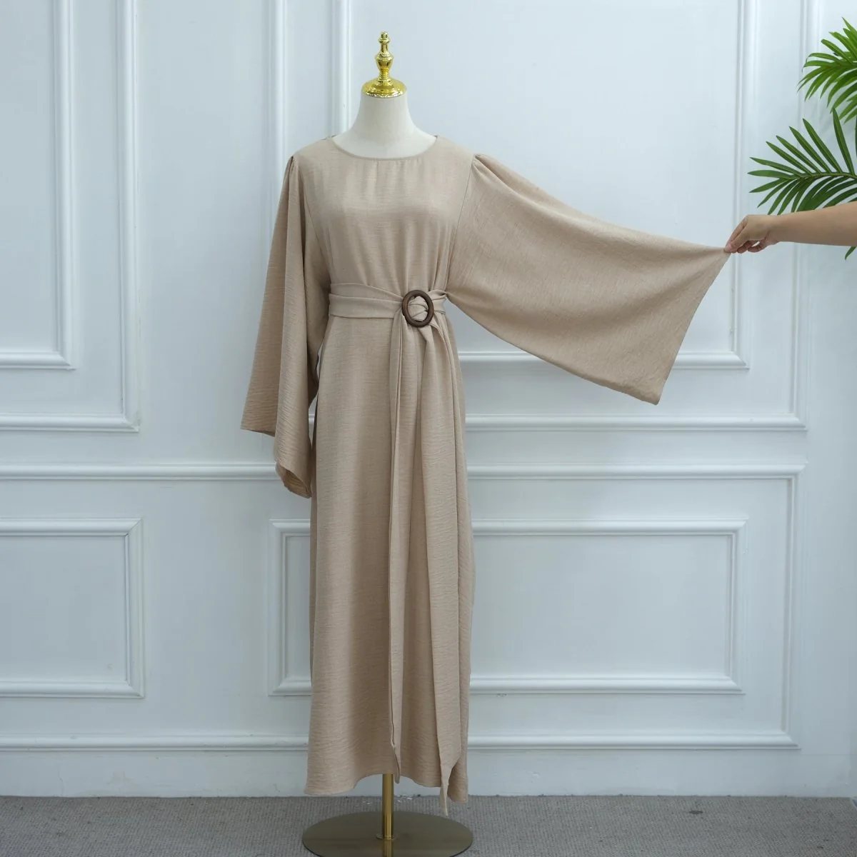 Wide Sleeve Textured Twill Blend Abaya with Belt(MA333) - Image 12