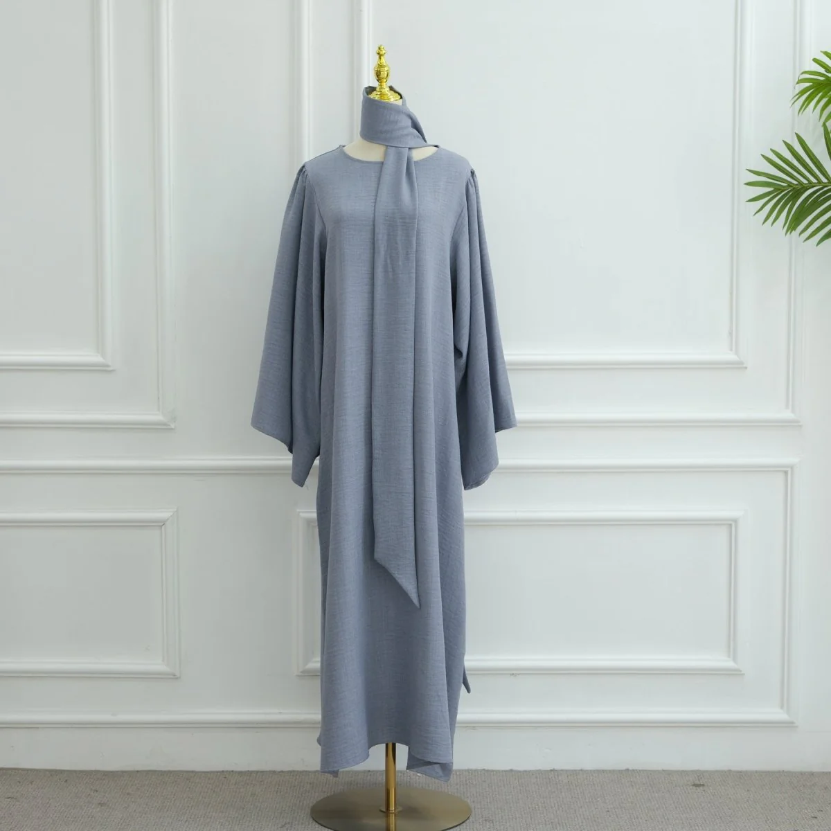 Wide Sleeve Textured Twill Blend Abaya with Belt(MA333) - Image 16