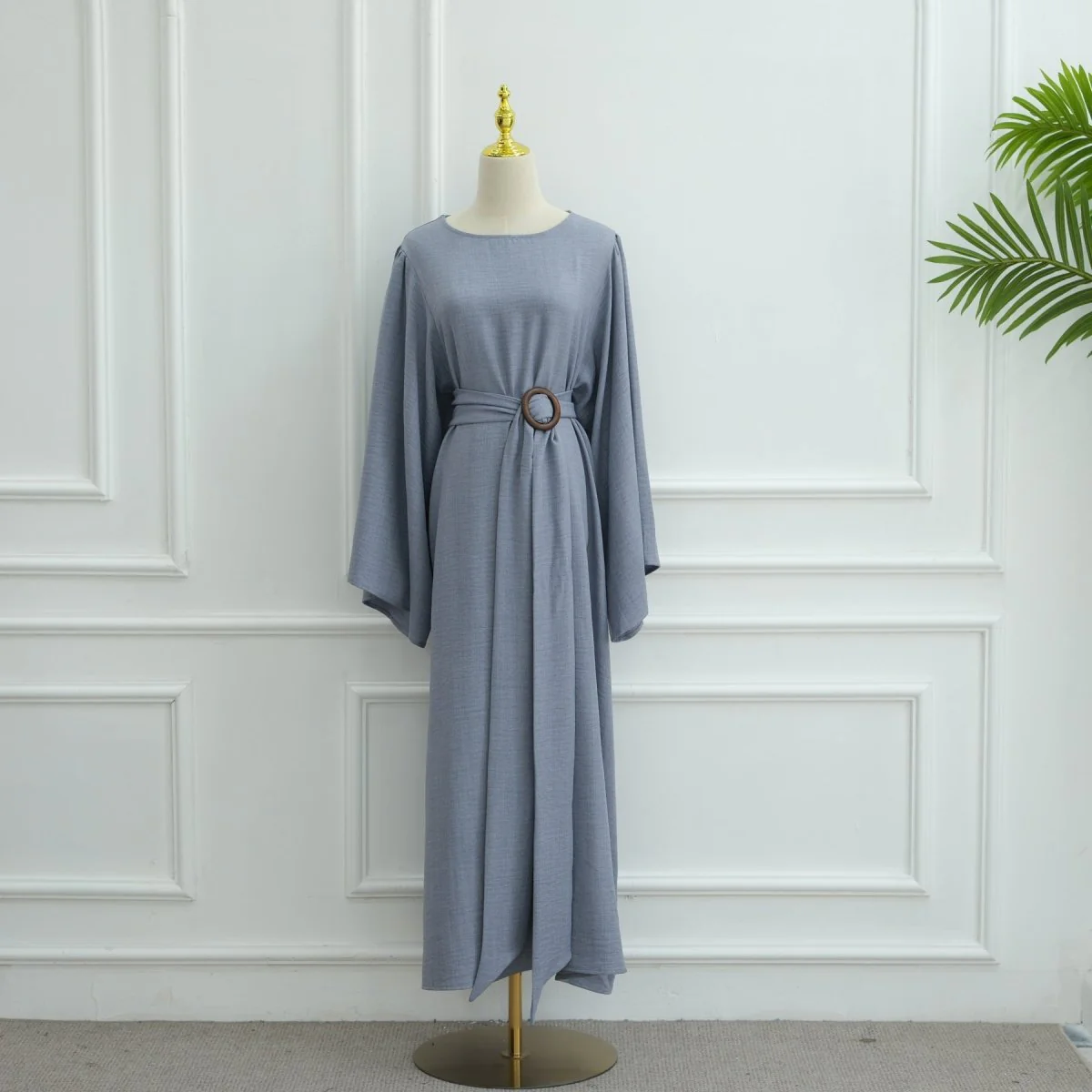 Wide Sleeve Textured Twill Blend Abaya with Belt(MA333) - Image 17