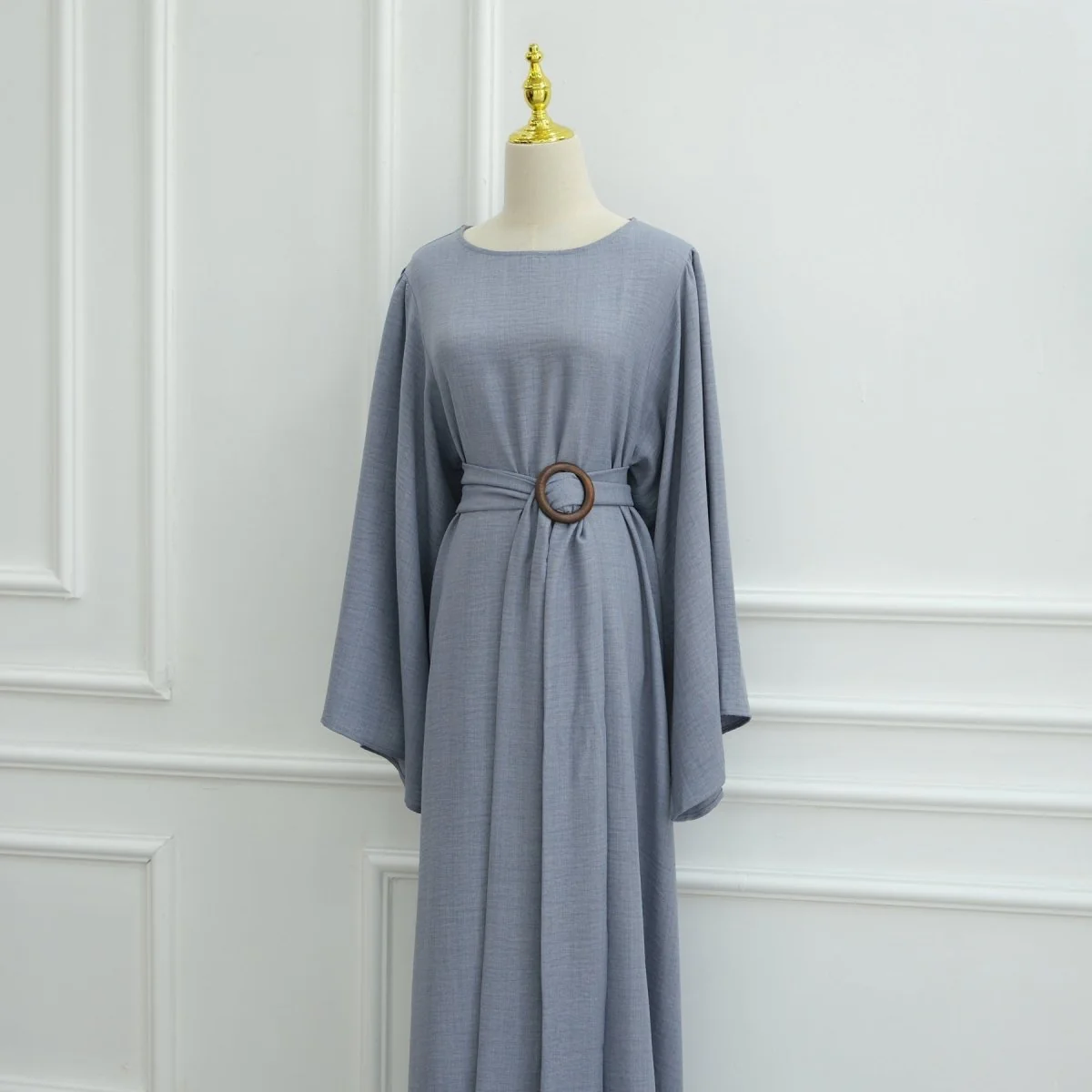 Wide Sleeve Textured Twill Blend Abaya with Belt(MA333) - Image 18