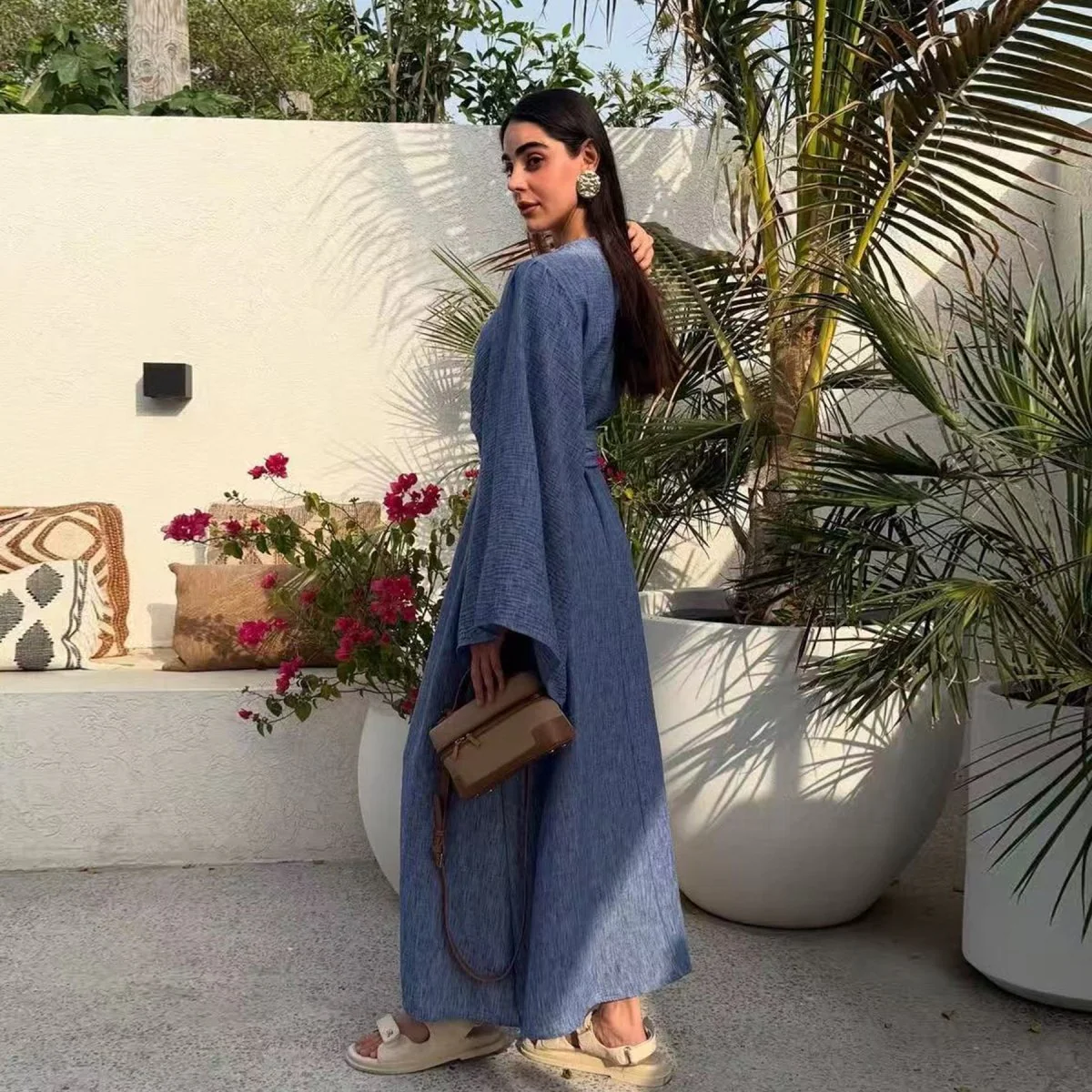 Wide Sleeve Textured Twill Blend Abaya with Belt(MA333) - Image 2
