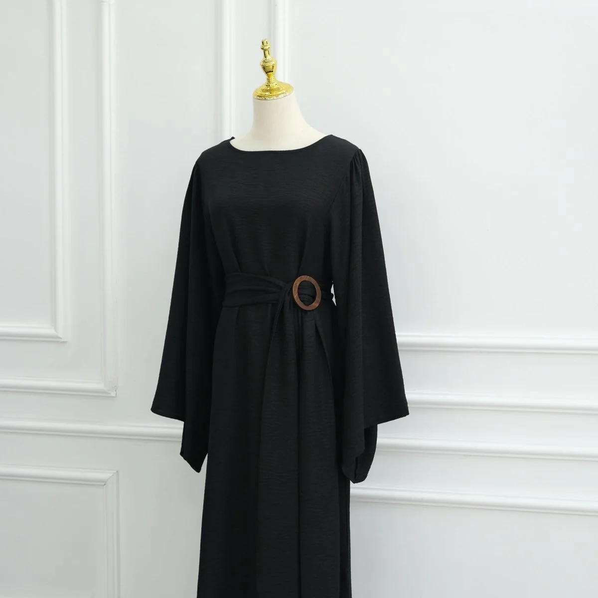 Wide Sleeve Textured Twill Blend Abaya with Belt(MA333) - Image 22