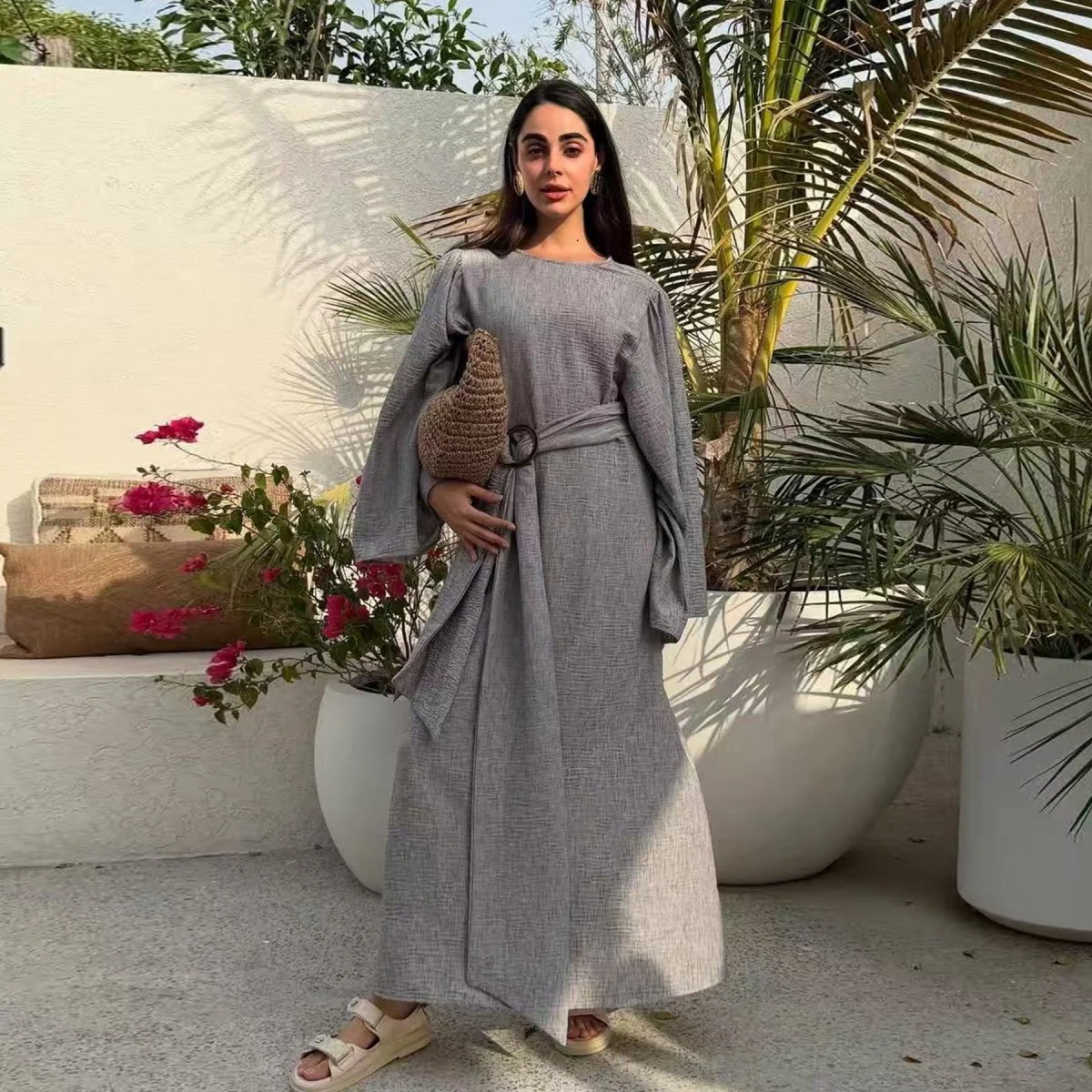 Wide Sleeve Textured Twill Blend Abaya with Belt(MA333) - Image 3