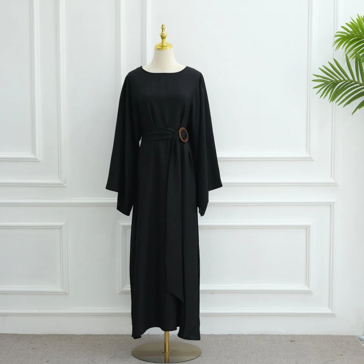 Wide Sleeve Textured Twill Blend Abaya with Belt(MA333) - Image 7