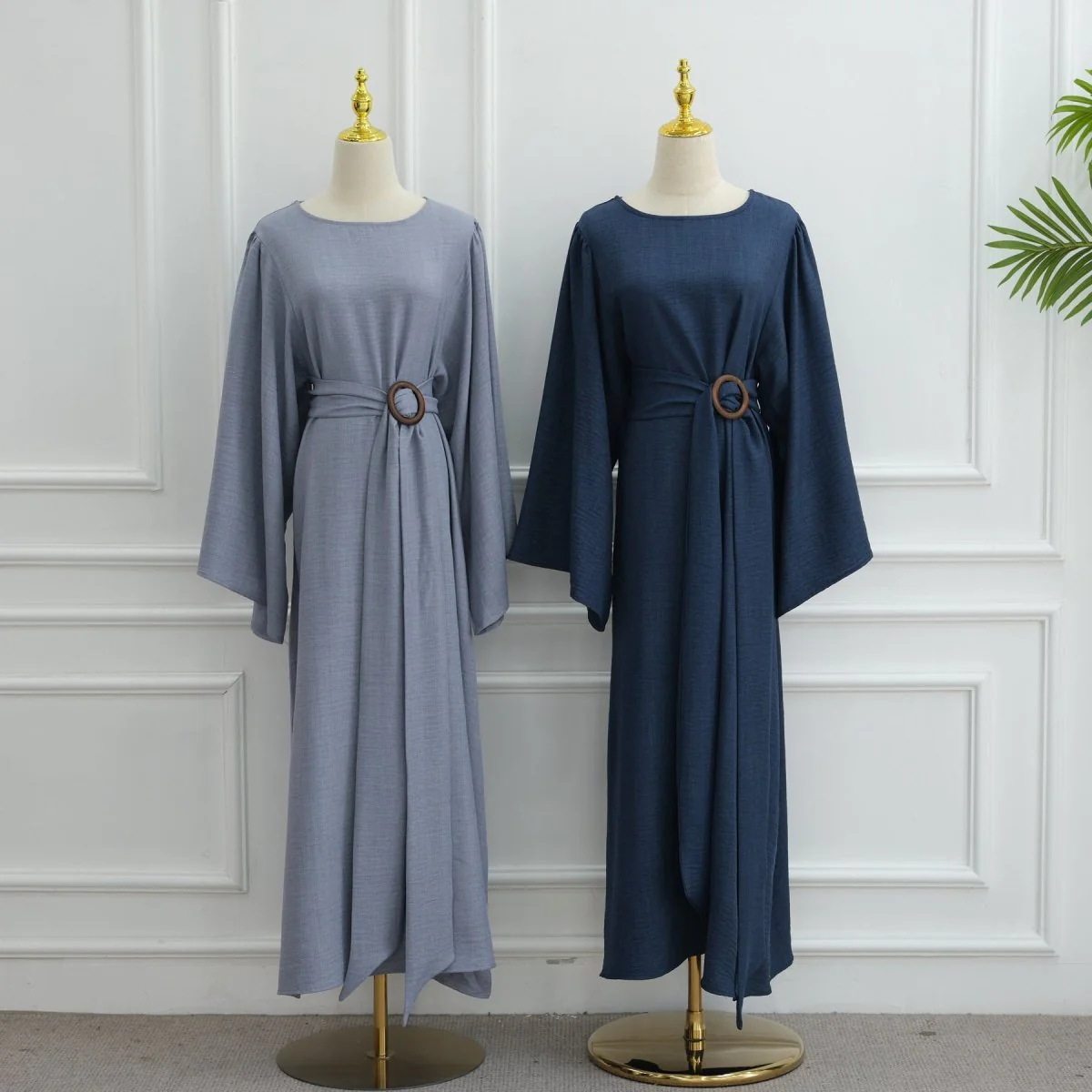 Wide Sleeve Textured Twill Blend Abaya with Belt(MA333) - Image 8