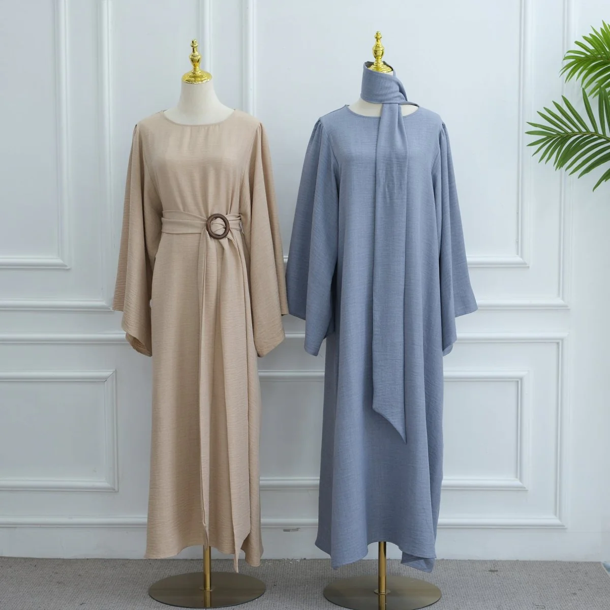 Wide Sleeve Textured Twill Blend Abaya with Belt(MA333) - Image 9