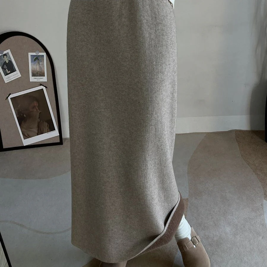 Winter Fleece Midi Skirt | Warm Knit High-Waist Skirt with Side Slit (MS207)