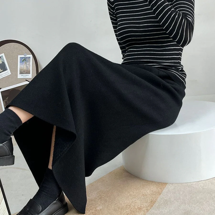 Winter Fleece Midi Skirt | Warm Knit High-Waist Skirt with Side Slit (MS207) - Image 15