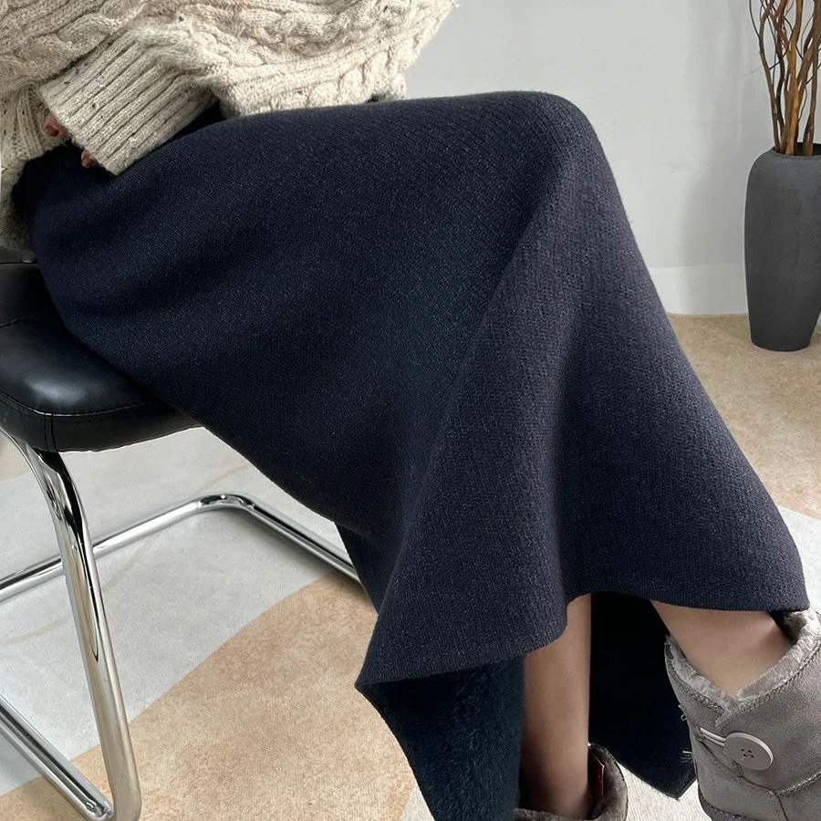 Winter Fleece Midi Skirt | Warm Knit High-Waist Skirt with Side Slit (MS207) - Image 24