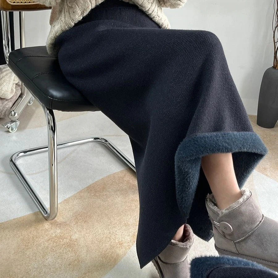 Winter Fleece Midi Skirt | Warm Knit High-Waist Skirt with Side Slit (MS207) - Image 25