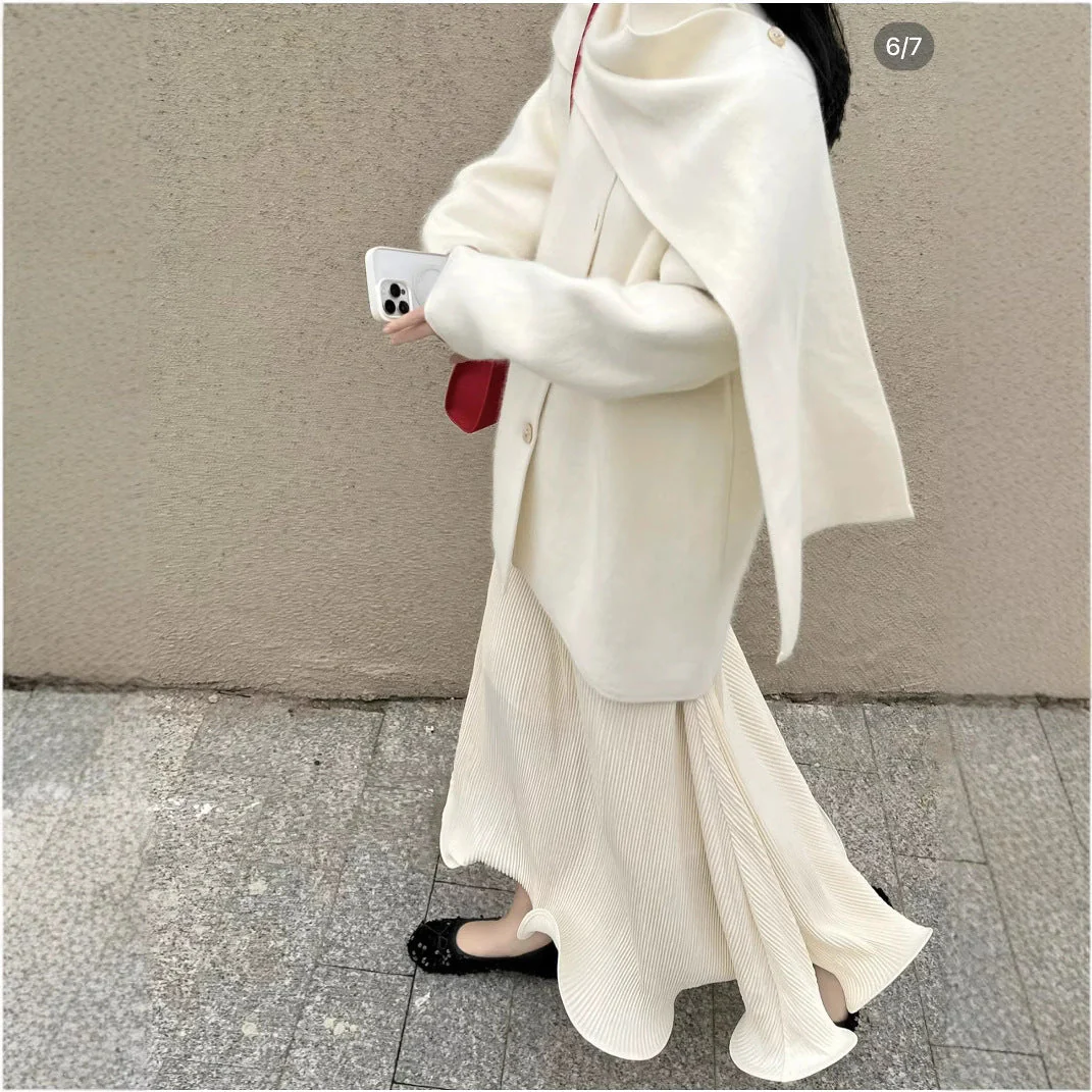Wool Blend Cape Collar Coat | Mid-Length Button-Front Winter Jacket(MS191) - Image 2