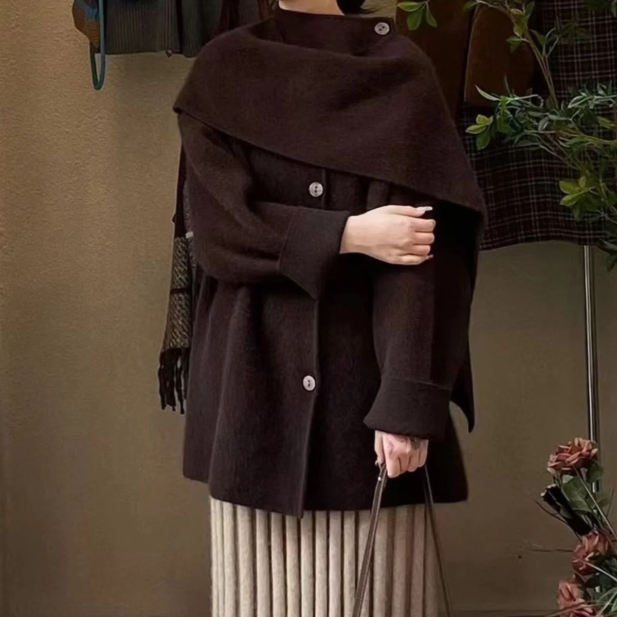 Wool Blend Cape Collar Coat | Mid-Length Button-Front Winter Jacket(MS191) - Image 3